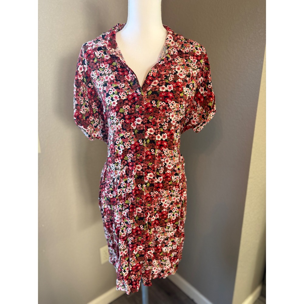 Vero Moda Womens‎ XL Red Floral Button Front Short Sleeve Shirt Dress Tie Waist